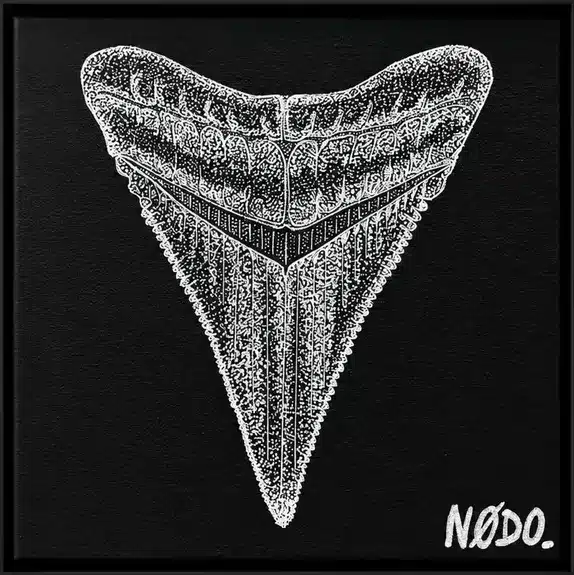 Toile Nodo : dent de requin dessinée au pointillisme blanc sur fond noir