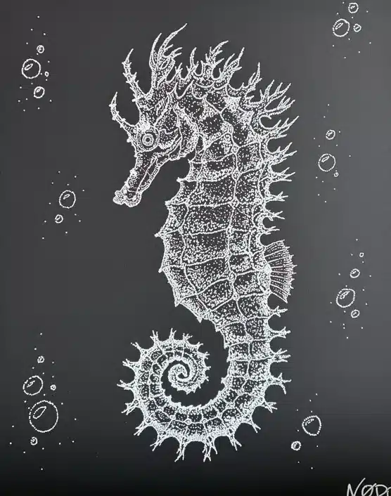 Toile Nodo format moyen : hippocampe au pointillisme blanc sur noir