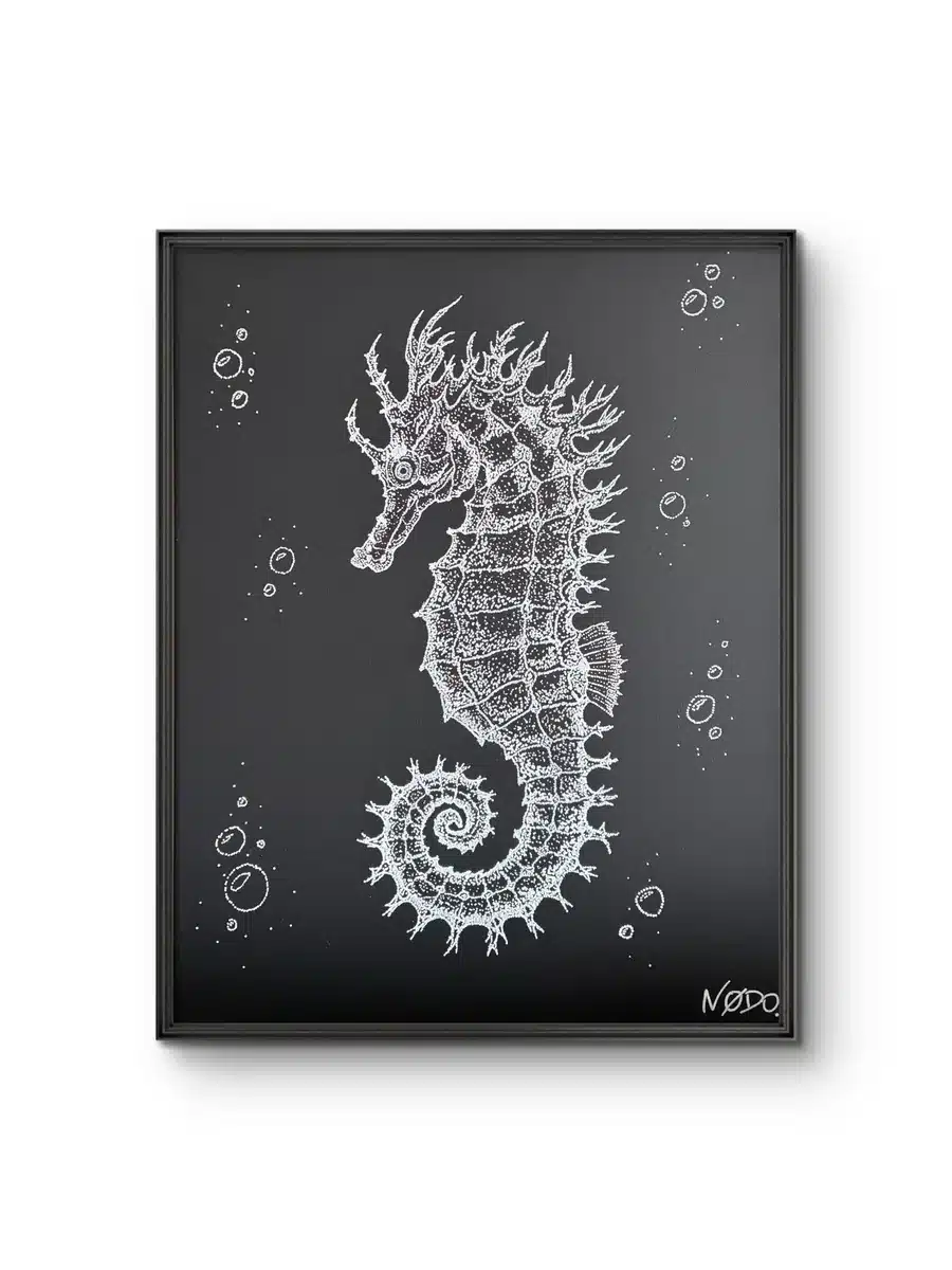 Toile Nodo d'un hippocampe au pointillisme blanc sur noir