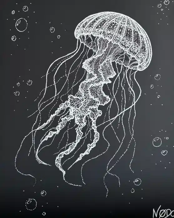 Toile Nodo : méduse dessinée au pointillisme blanc sur fond noir