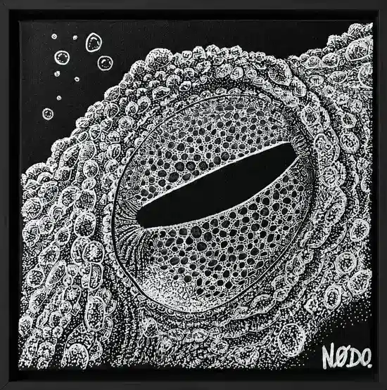 Toile Nodo : œil de poulpe dessiné point par point en blanc sur fond noir
