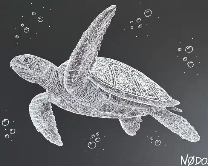 Toile Nodo : tortue marine nageant, dessinée au pointillisme blanc sur fond noir
