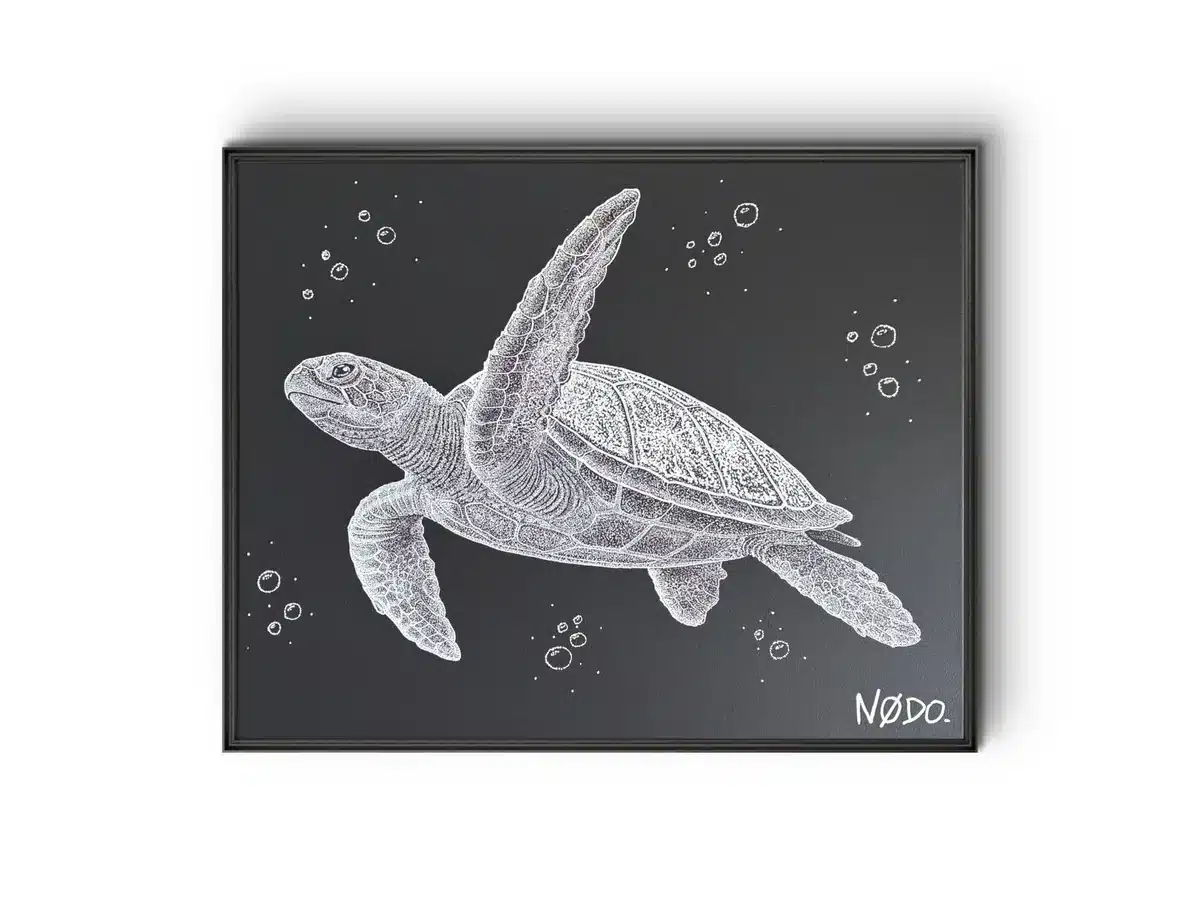 Toile Nodo d'une tortue marine au pointillisme blanc sur noir